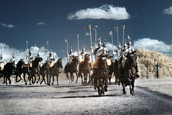 Infrared photograph of the Household Cavalry galloping.