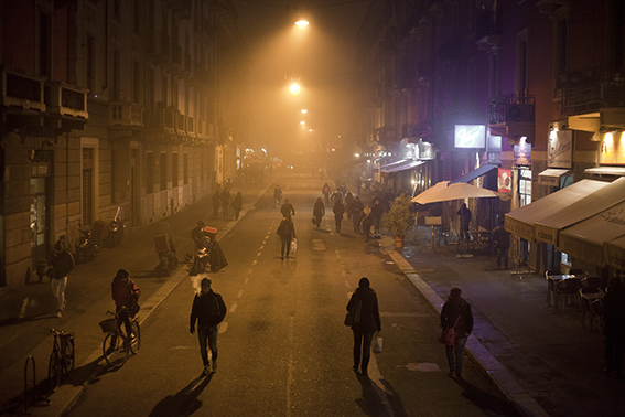 Photograph of misty street scene in the Navigli Milan.