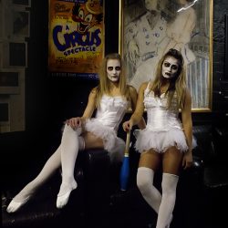 Colour photographs of dancers in Halloween costumes.