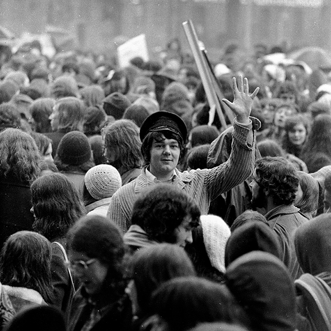 Black and white photograph of students at a gathering in Queen's Gardens Hull.