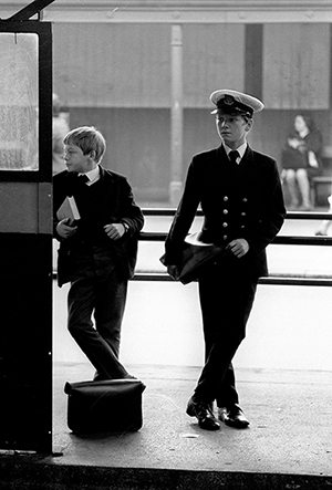 Two Trinity House boys in traditional dress in Hull bus station 1971.